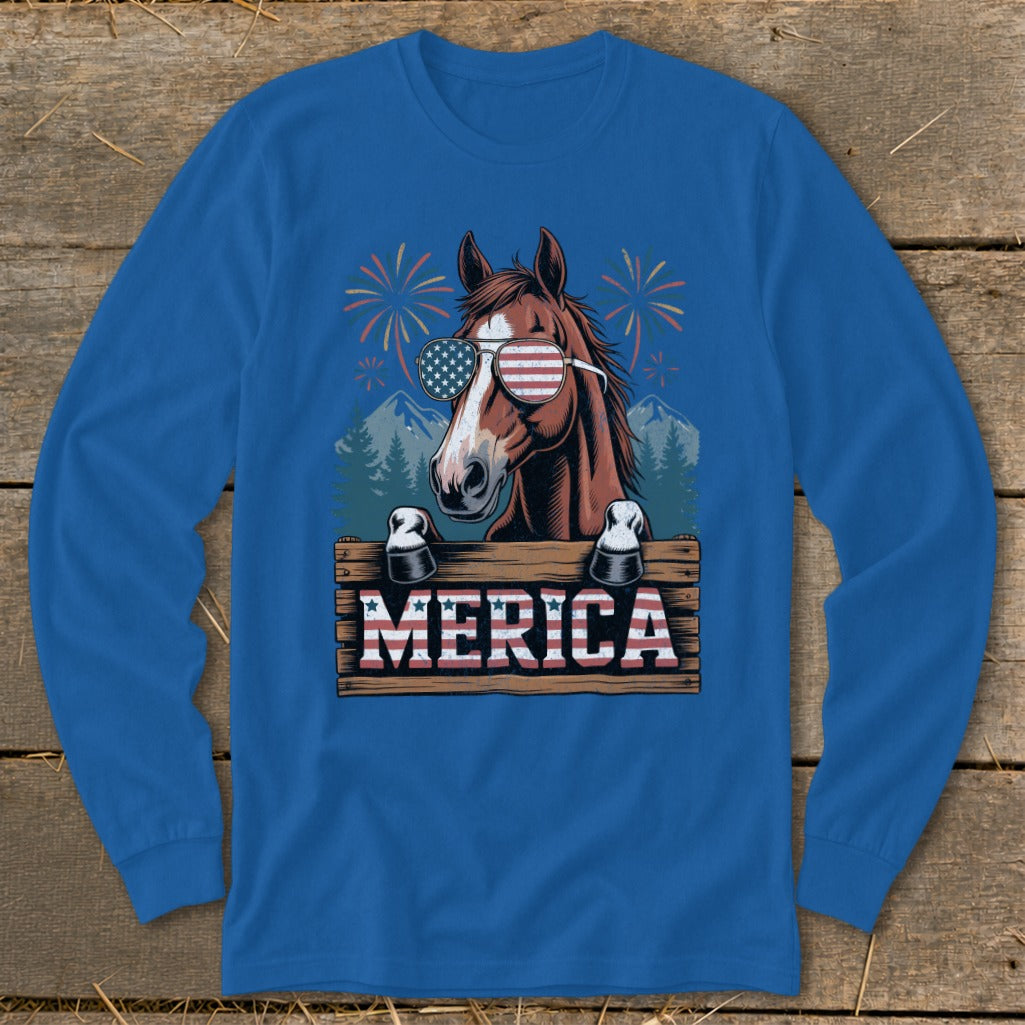 Horse wearing American flag sunglasses with "MERICA" text and fireworks.