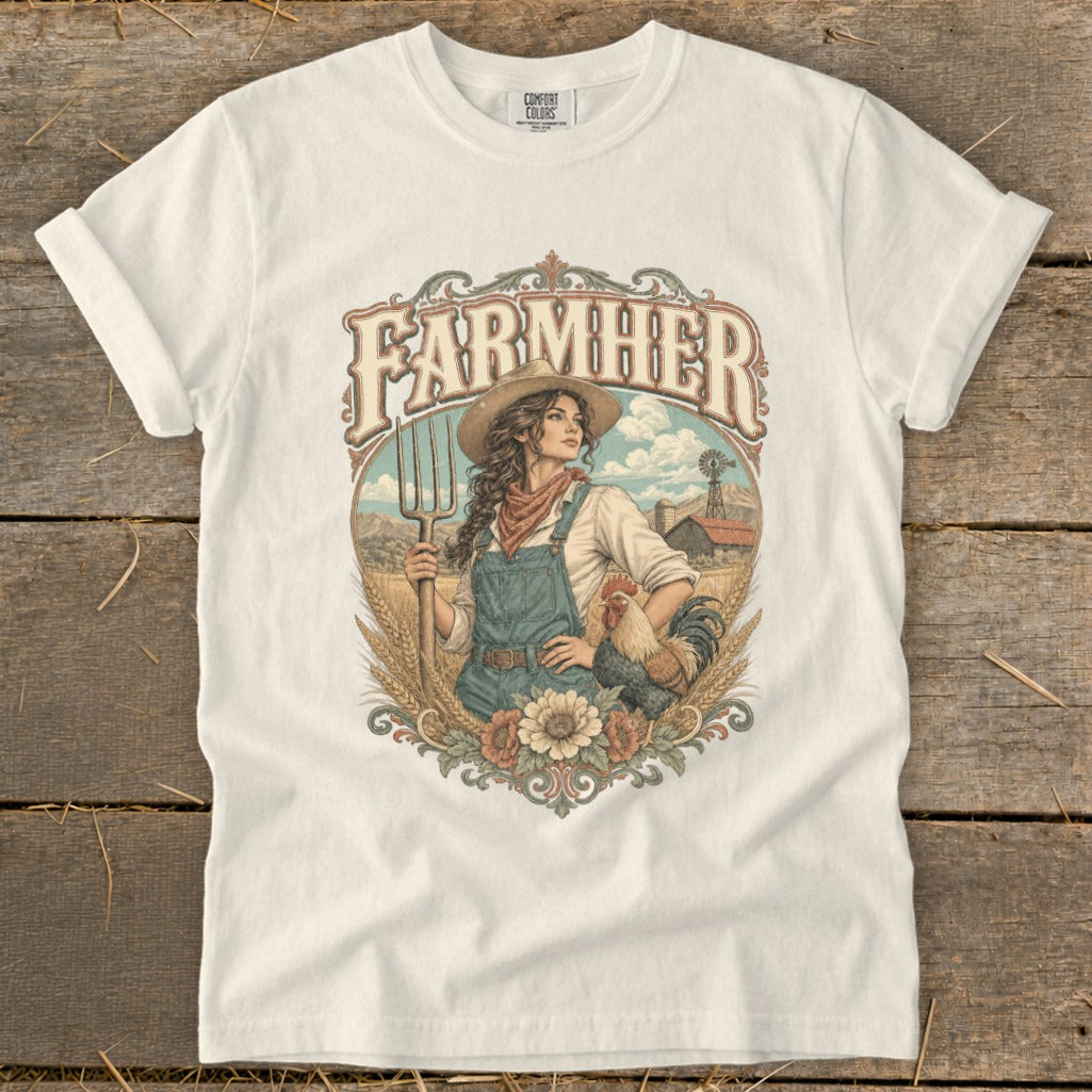 Farmer girl illustration with pitchfork, rooster, farm, and flowers, text "FARMHER".