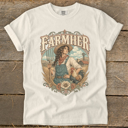 Farmer girl illustration with pitchfork, rooster, farm, and flowers, text "FARMHER".