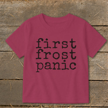 Crimson t-shirt with black text "first frost panic" centered on chest.