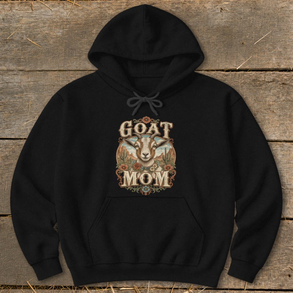 Black hoodie with "GOAT MOM" text and a goat illustration.