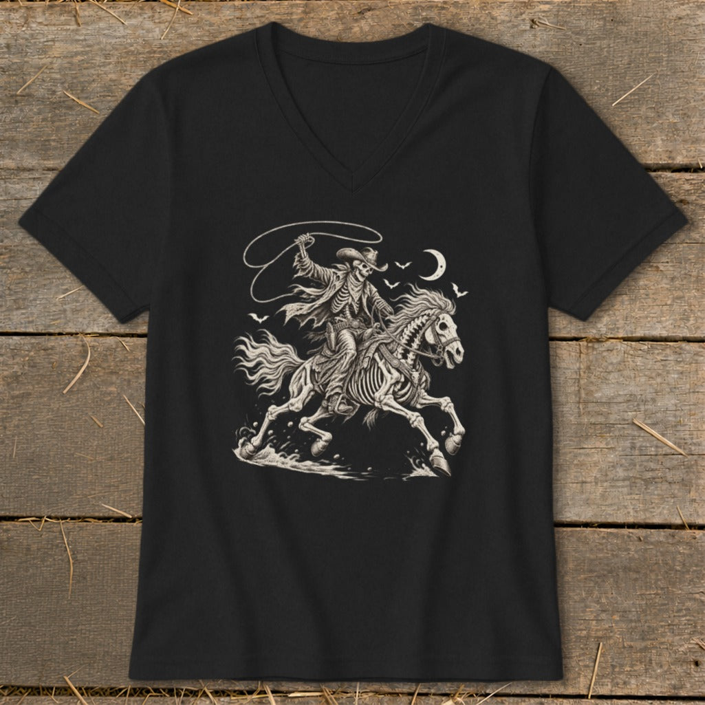 Skeleton cowboy on horseback with lasso and crescent moon.