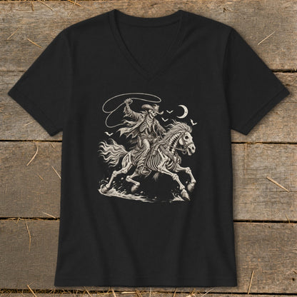 Skeleton cowboy on horseback with lasso and crescent moon.