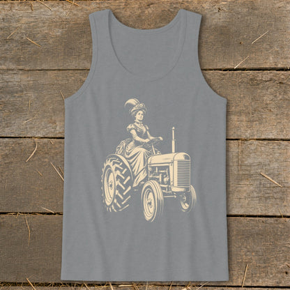 Tractor graphic with a woman in vintage dress and hat driving.