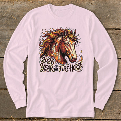 Long sleeve shirt with 2026 Year of the Fire Horse graphic and horse illustration.