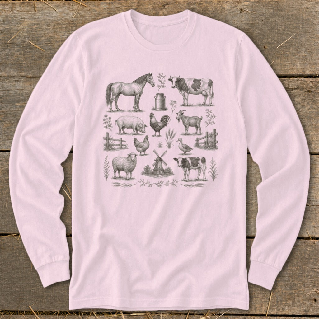 Pink long-sleeve shirt with a vintage farm animal illustration.