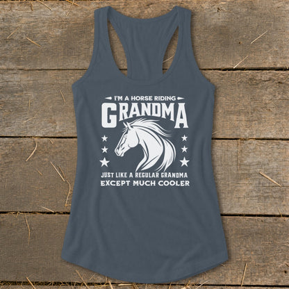 Gray tank top with "I'm a Horse Riding Grandma" text and horse graphic.