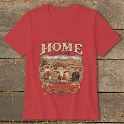 Red t-shirt with vintage "Home is where the herd is" graphic featuring cows and a barn.