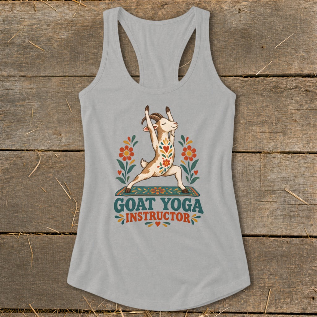 Gray tank top with a goat in yoga pose, surrounded by flowers, says "GOAT YOGA INSTRUCTOR."