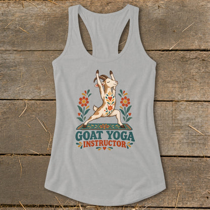 Gray tank top with a goat in yoga pose, surrounded by flowers, says "GOAT YOGA INSTRUCTOR."