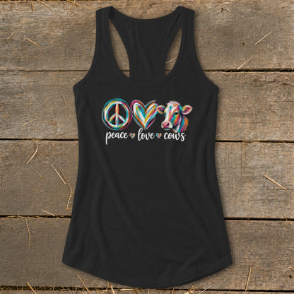Black tank top with peace, love, and a colorful cow graphic.