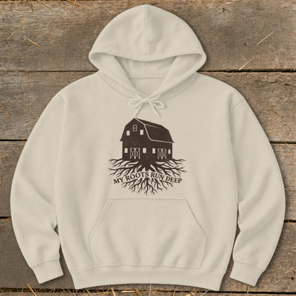 Light cream hoodie with dark brown barn and root graphic, reads "My Roots Run Deep".