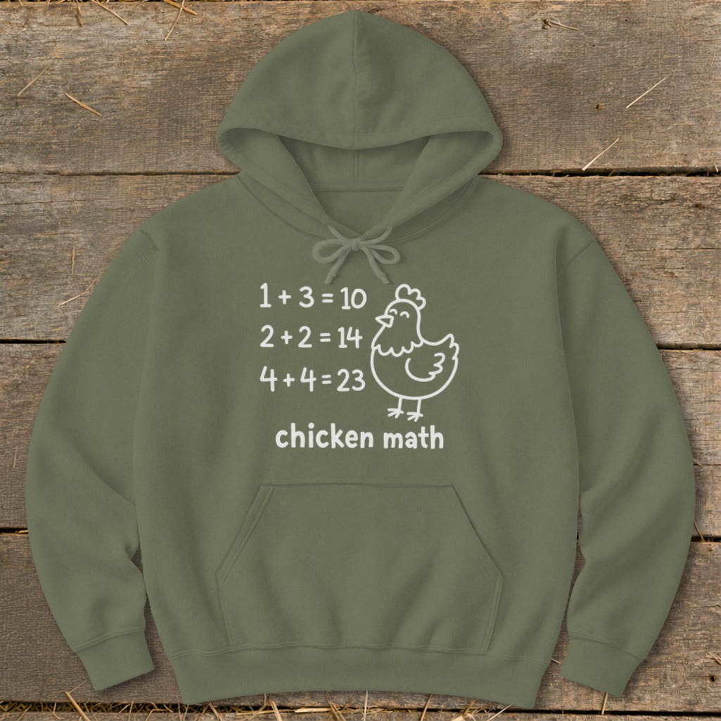 Olive green hoodie with "chicken math" text and cartoon chicken illustration.