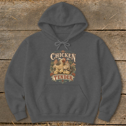 Dark gray hoodie with "Chicken Tender" text and illustration of hen with chicks.