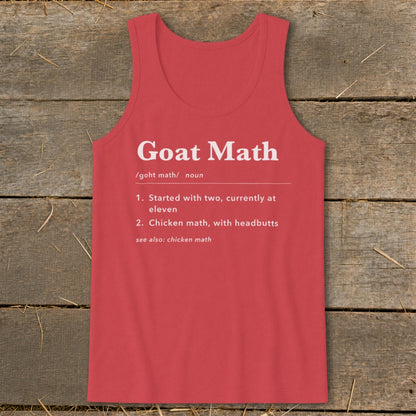 Red tank top with "Goat Math" definition: started with two, currently at eleven.