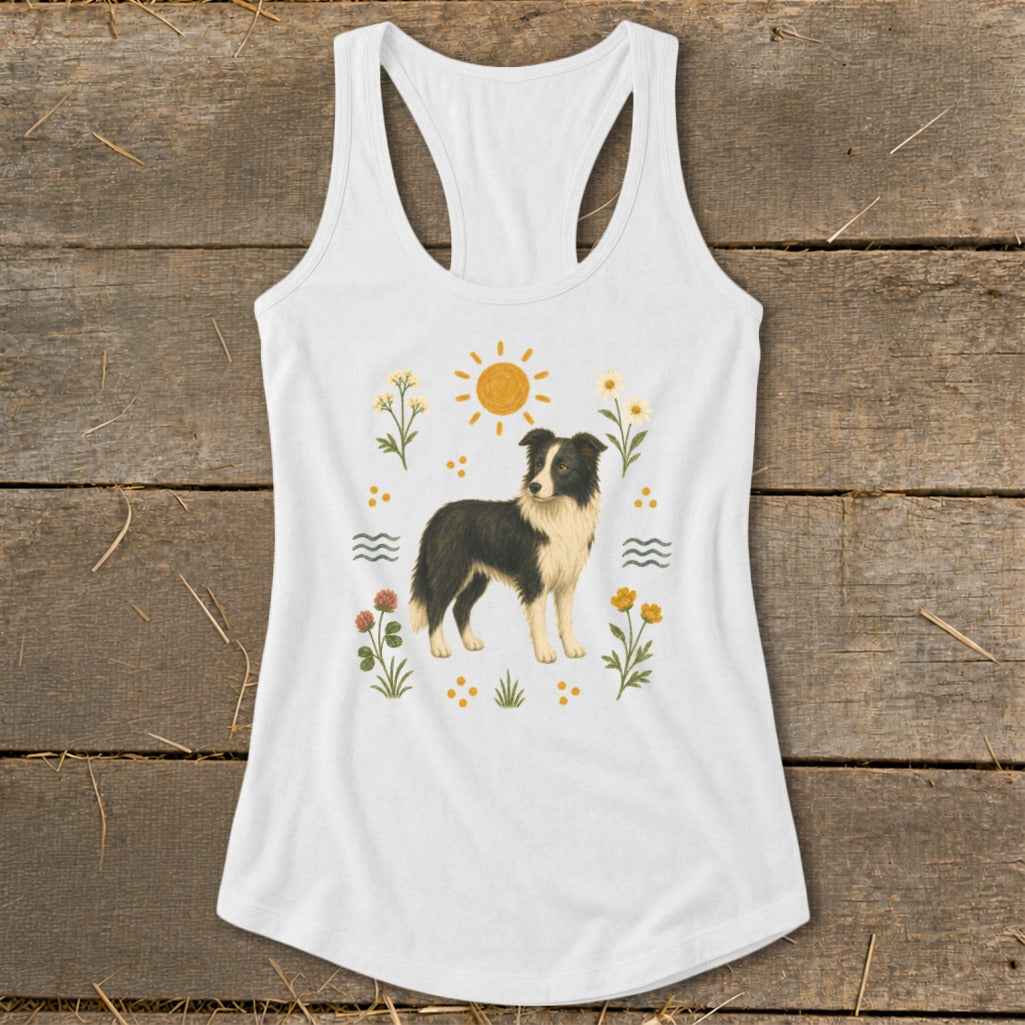 White tank top with a Border Collie surrounded by flowers and a sun graphic.