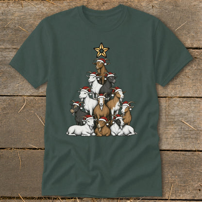 Goats in Santa hats form a Christmas tree with a star topper.