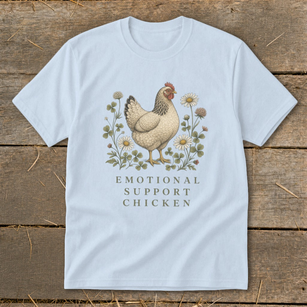 Light blue t-shirt with a chicken and flowers design and "Emotional Support Chicken" text.