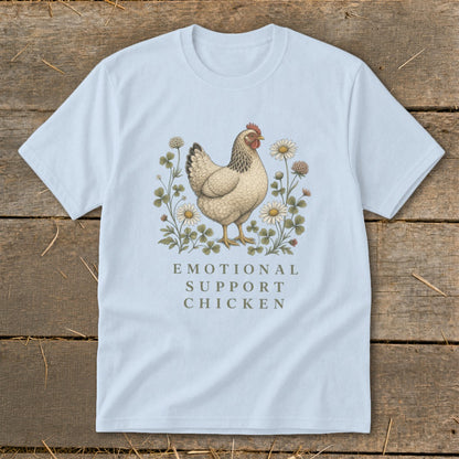 Light blue t-shirt with a chicken and flowers design and "Emotional Support Chicken" text.