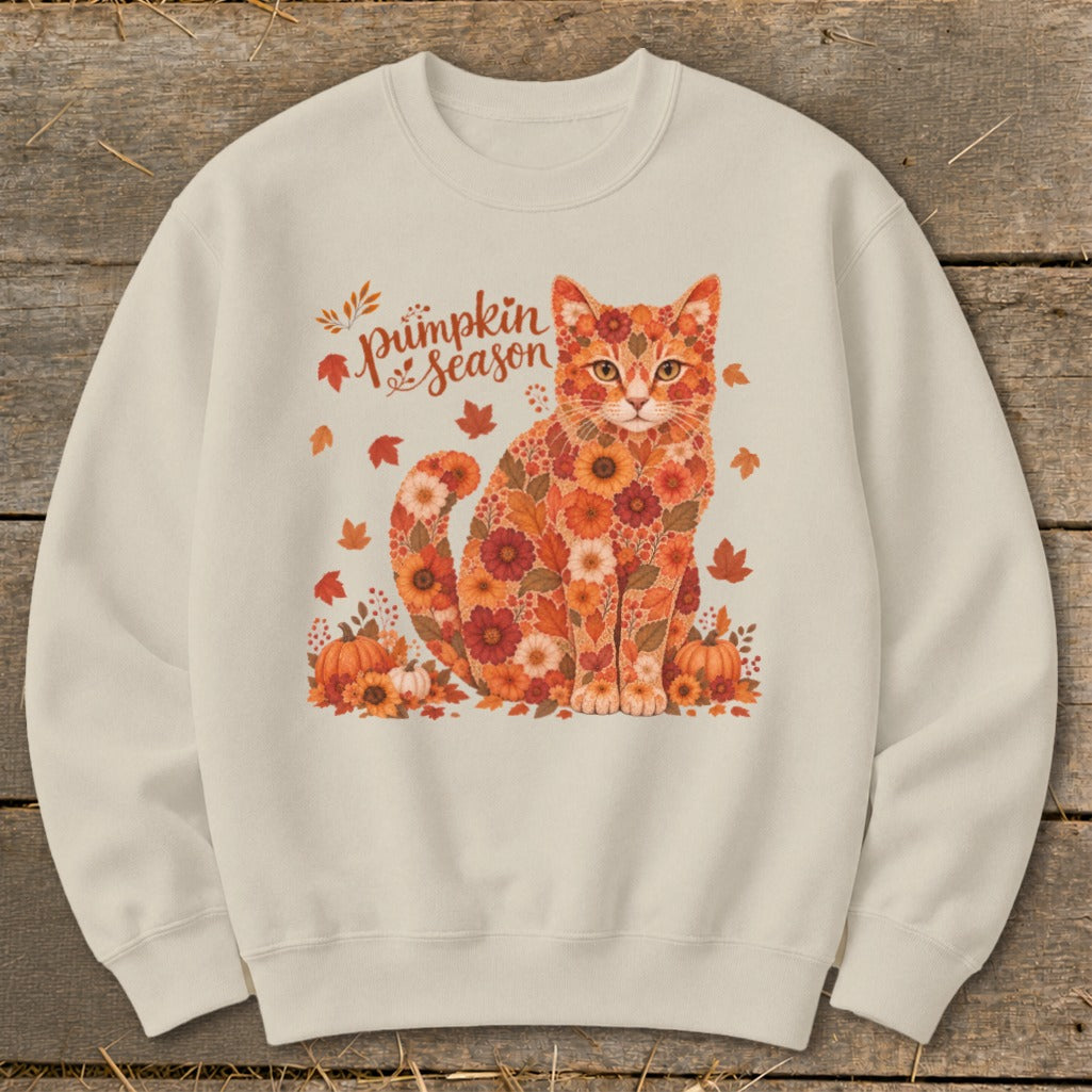 Cream sweatshirt with floral cat and "Pumpkin Season" text.