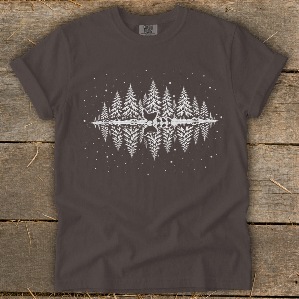 T-shirt with white reflection graphic of pine trees and a duck.