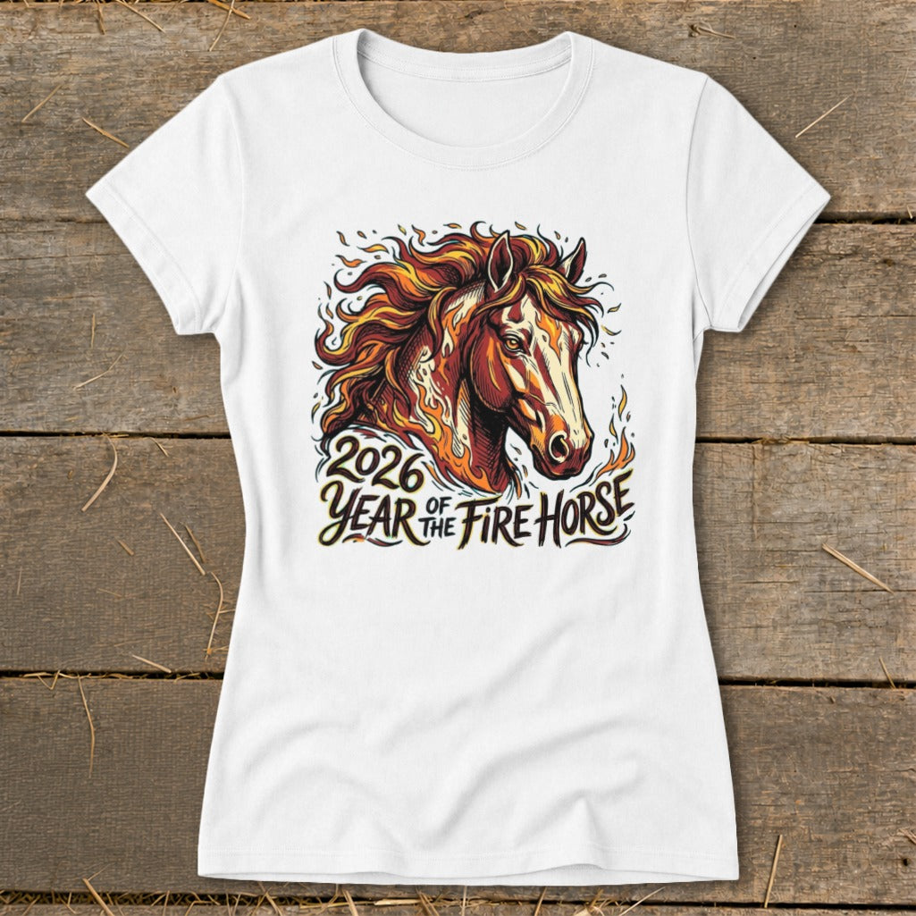 White t-shirt with graphic of a fire horse and text "2026 Year of the Fire Horse".