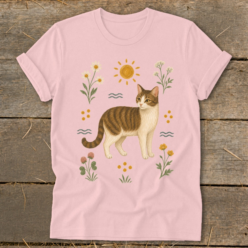 Pink t-shirt with tabby cat, sun, and floral illustrations.