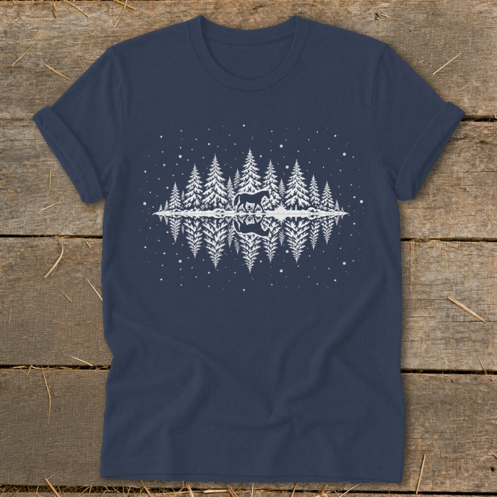 Dark blue t-shirt with white graphic of a horse in a forest reflection.