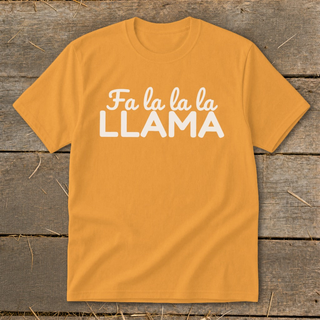 Orange t-shirt with "Fa la la la LLAMA" text in white lettering.