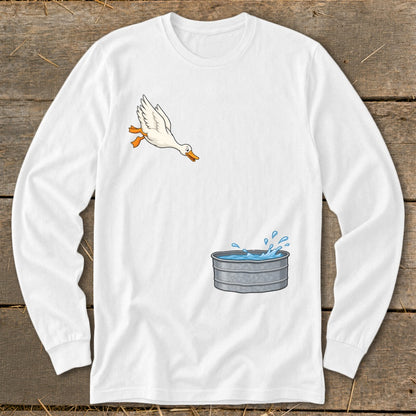 White long sleeve shirt with cartoon goose jumping into a galvanized tub of water.