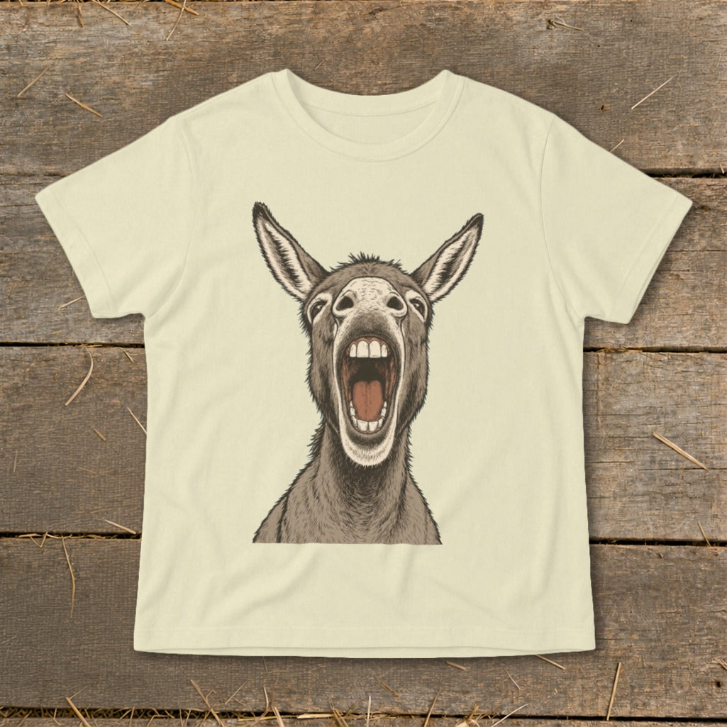 T-shirt with a drawing of a donkey's head with its mouth wide open.