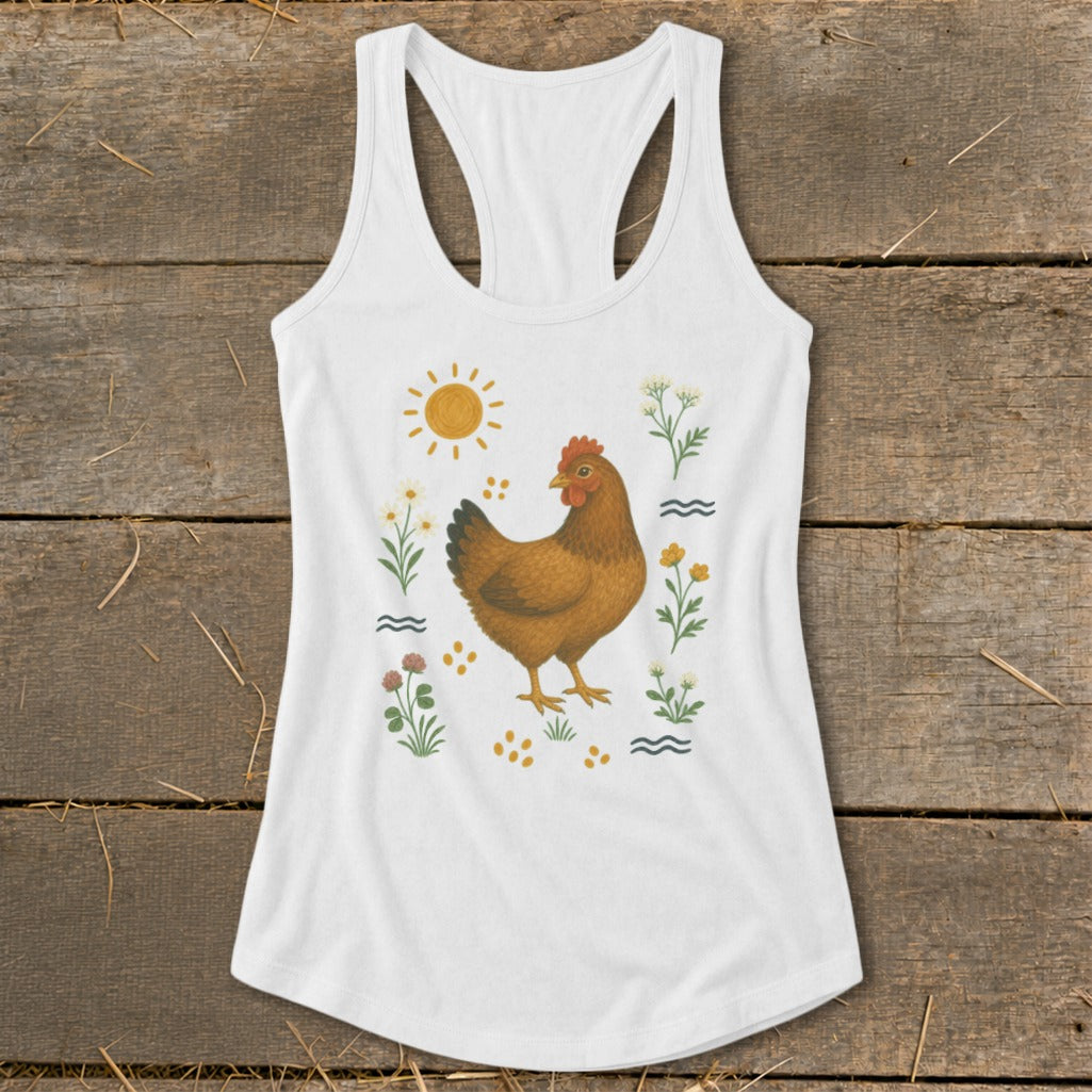 White tank top with a brown chicken, sun, and floral graphic.
