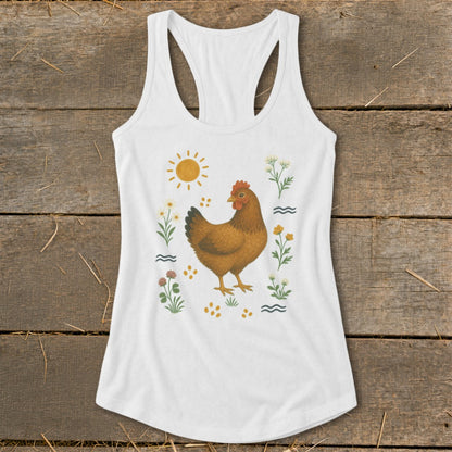 White tank top with a brown chicken, sun, and floral graphic.