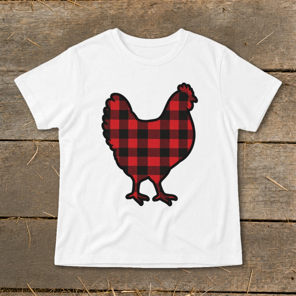 White t-shirt with a black and red buffalo plaid chicken graphic.