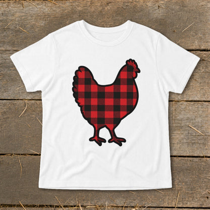 White t-shirt with a black and red buffalo plaid chicken graphic.