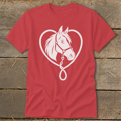 A red crew-neck t-shirt featuring a white graphic of a horse inside a heart outline.