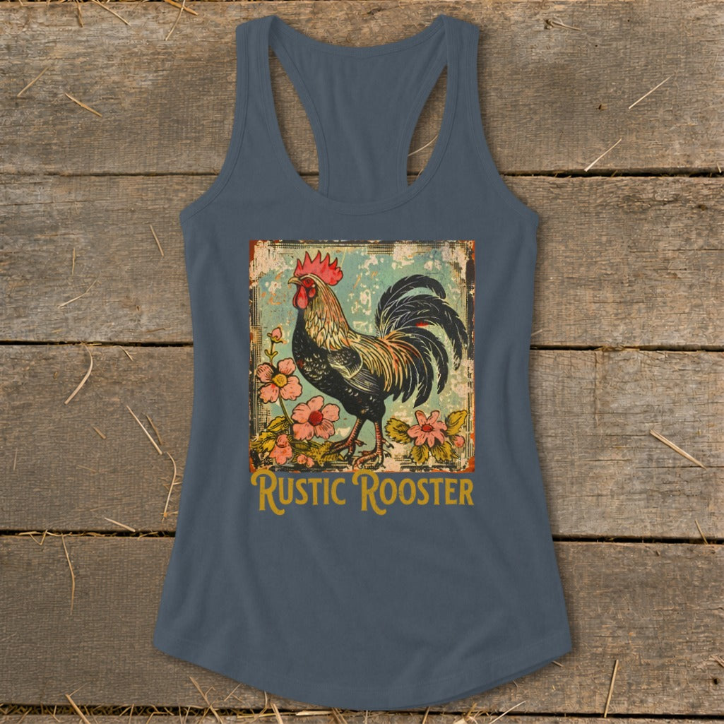 Gray tank top with a vintage rooster and flowers graphic reading "Rustic Rooster".