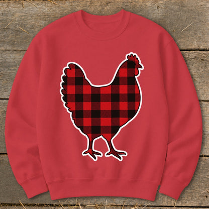 Red crewneck sweatshirt with a black and red buffalo plaid chicken graphic.