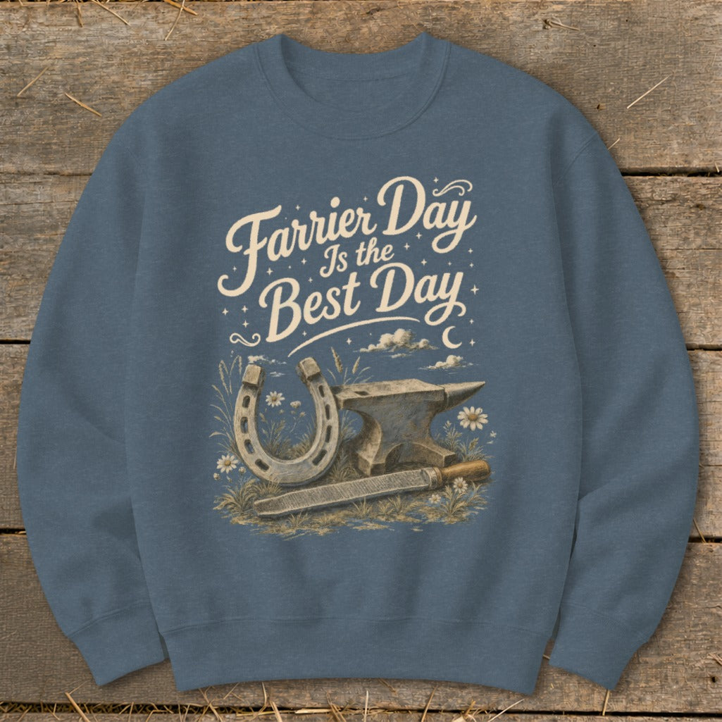 Sweatshirt with "Farrier Day Is the Best Day" graphic featuring horseshoe, anvil, and rasp.