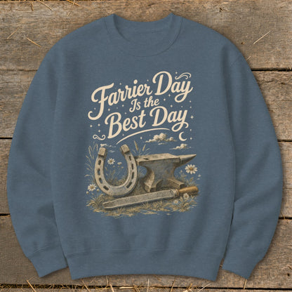 Sweatshirt with "Farrier Day Is the Best Day" graphic featuring horseshoe, anvil, and rasp.
