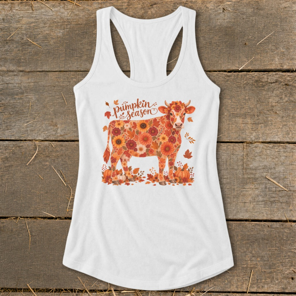 Fall Floral Cow Racerback Tank