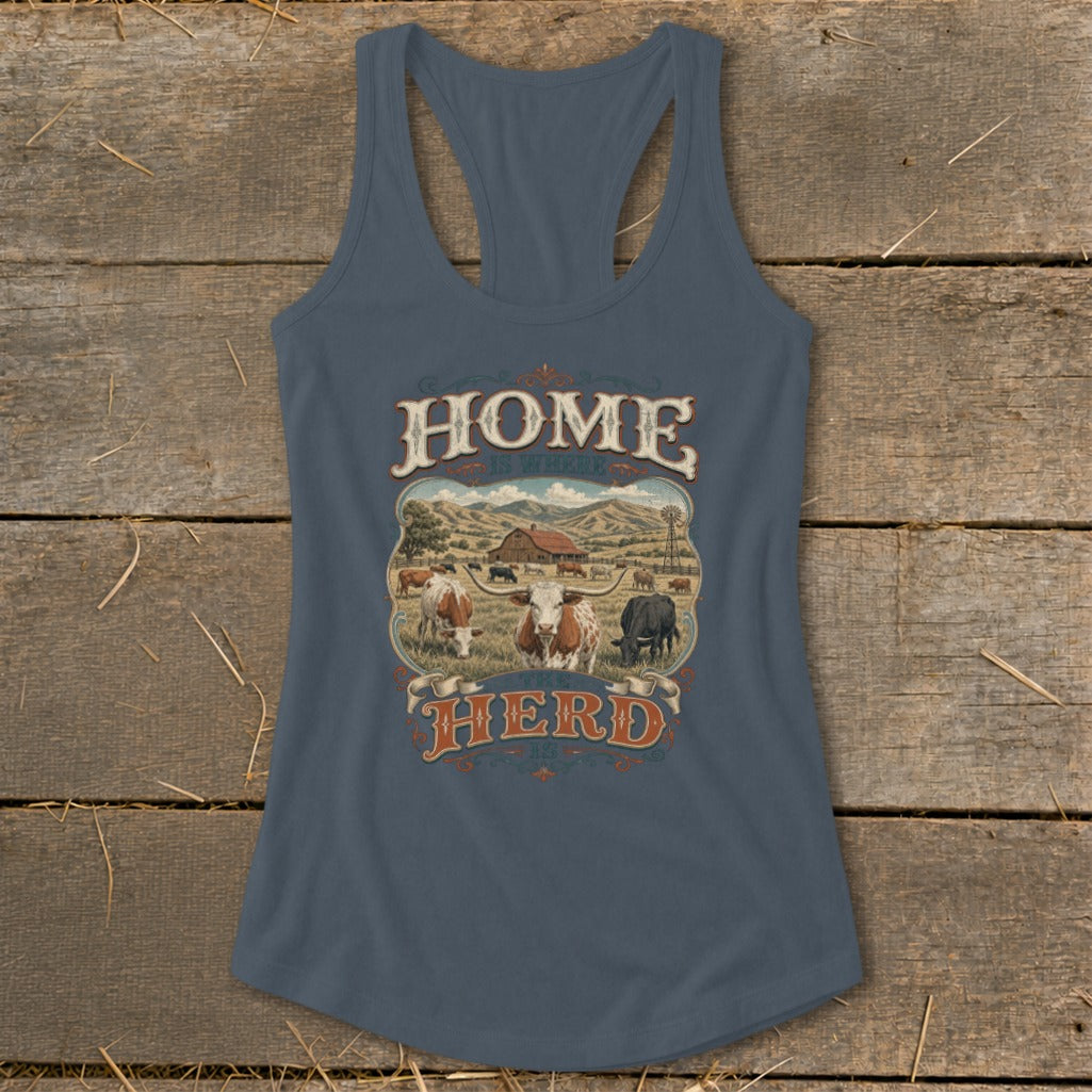 Tank top with vintage farm scene and text "HOME IS WHERE THE HERD IS."