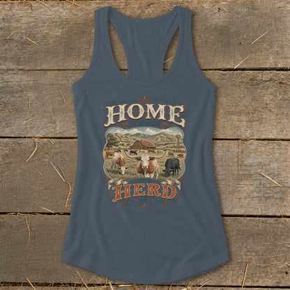 Tank top with vintage farm scene and text "HOME IS WHERE THE HERD IS."