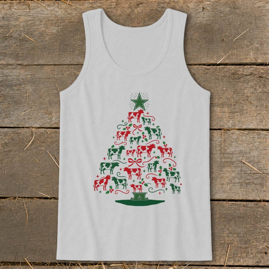 White tank top with a Christmas tree made of red and green cows.
