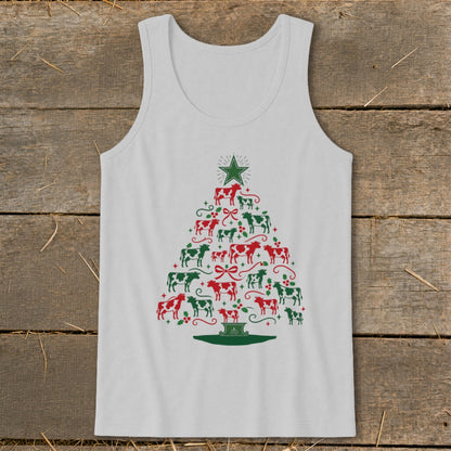 White tank top with a Christmas tree made of red and green cows.
