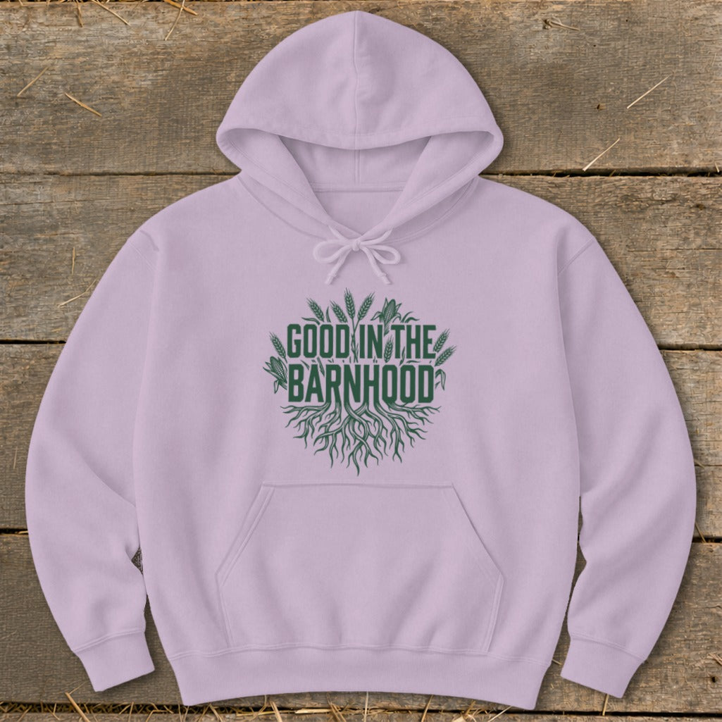 Purple hoodie with green "Good in the Barnhood" text and wheat graphic.