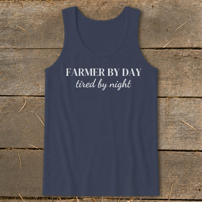Navy blue tank top with "FARMER BY DAY tired by night" text.