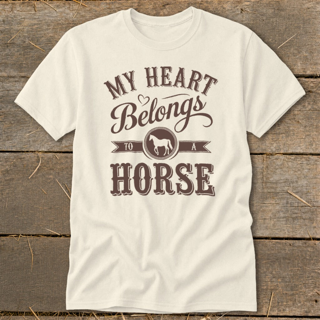 Cream t-shirt with brown text "My Heart Belongs To A Horse" and horse silhouette.