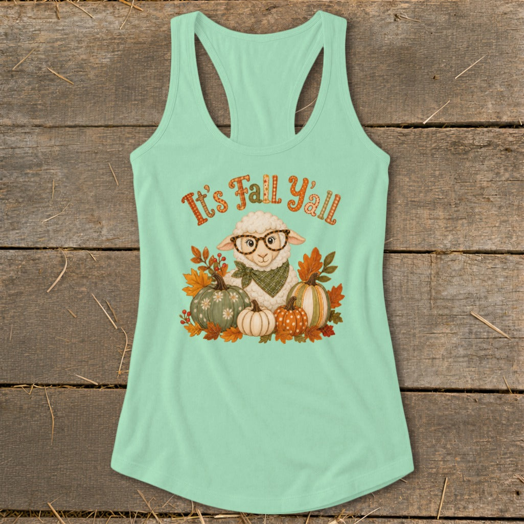 Mint tank top with a sheep, pumpkins, autumn leaves, and "It's Fall Y'all" text.
