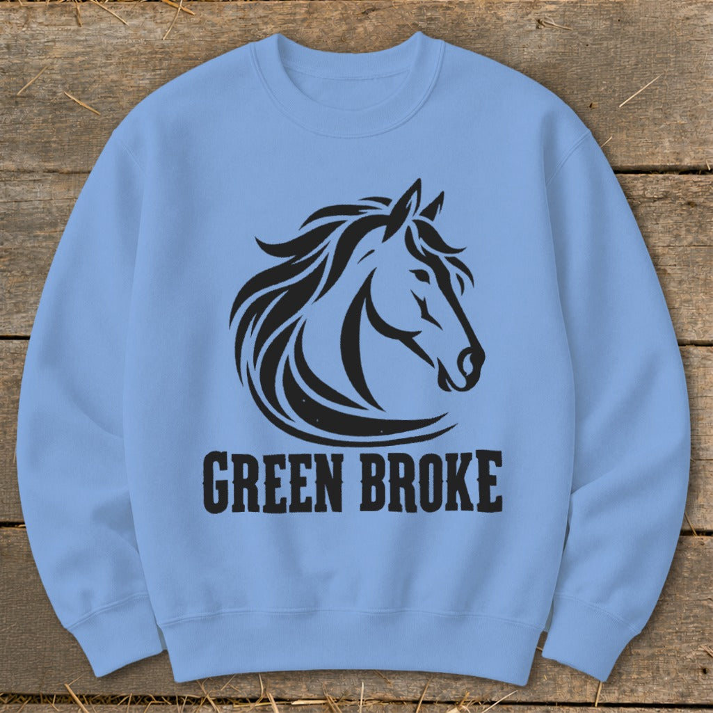 Light blue crewneck sweatshirt featuring a black horse head graphic and the text GREEN BROKE.